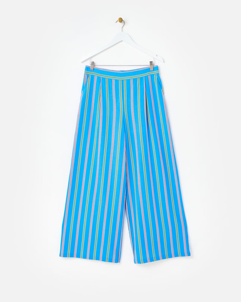Blue & Green Striped Wide Leg Trousers