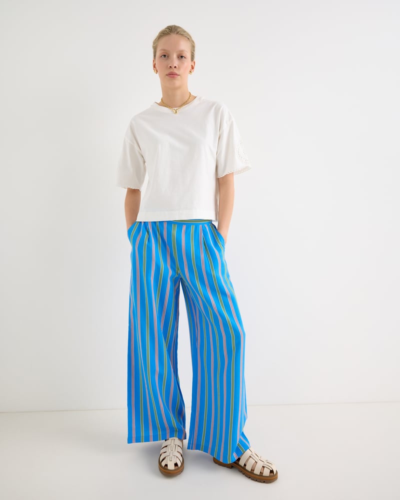 Blue & Green Striped Wide Leg Trousers