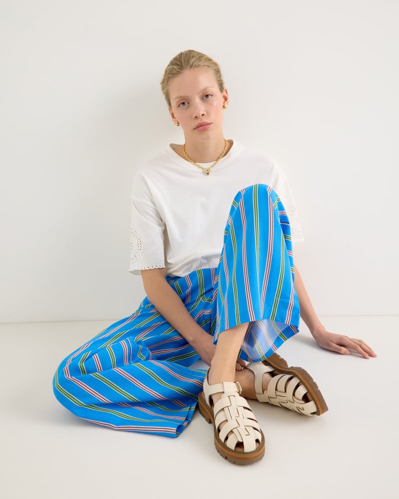Blue & Green Striped Wide Leg Trousers
