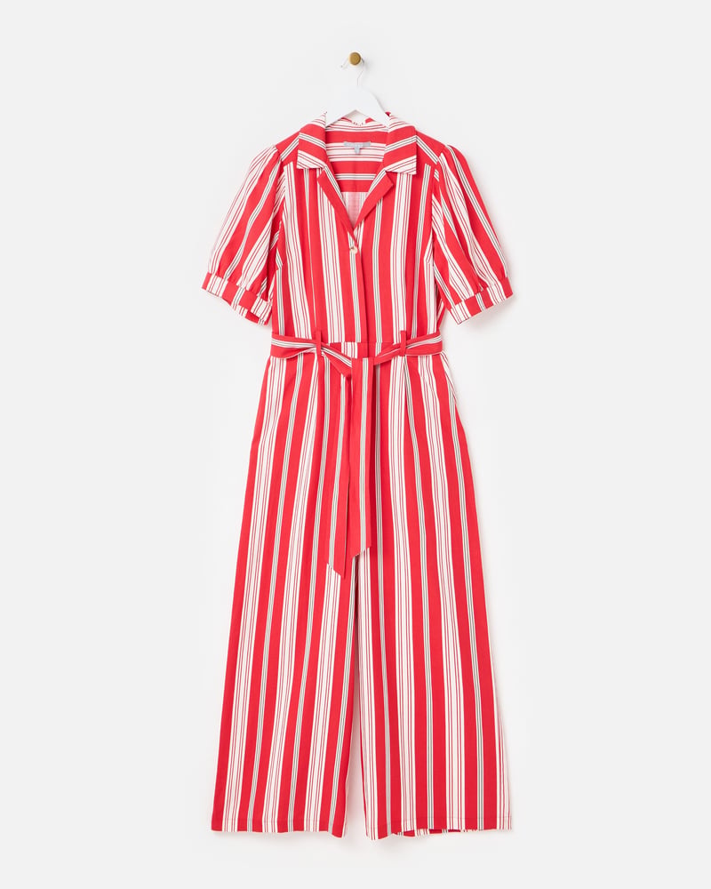 Red & Green Striped Short Sleeve Tie Waist Jumpsuit