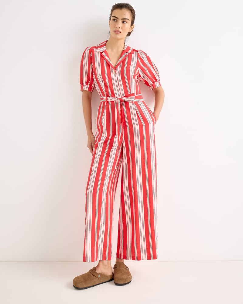 Red & Green Striped Short Sleeve Tie Waist Jumpsuit