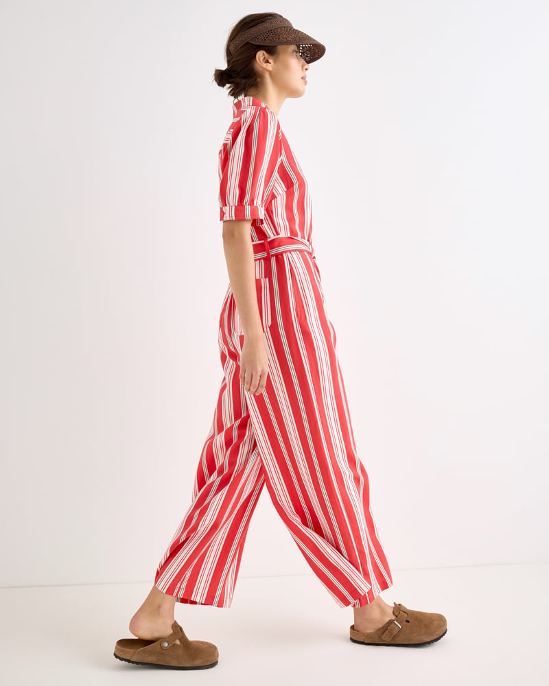 Red & Green Striped Short Sleeve Tie Waist Jumpsuit