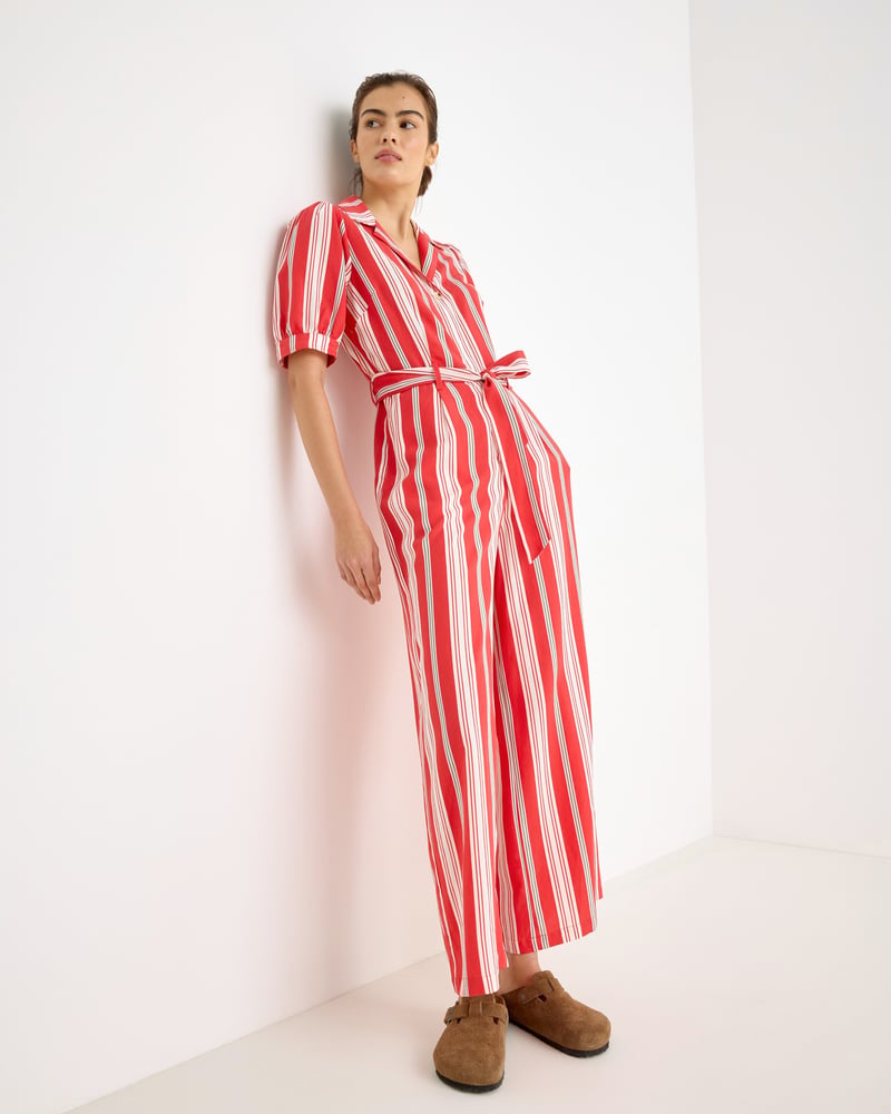 Red & Green Striped Short Sleeve Tie Waist Jumpsuit