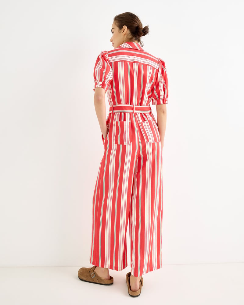 Red & Green Striped Short Sleeve Tie Waist Jumpsuit