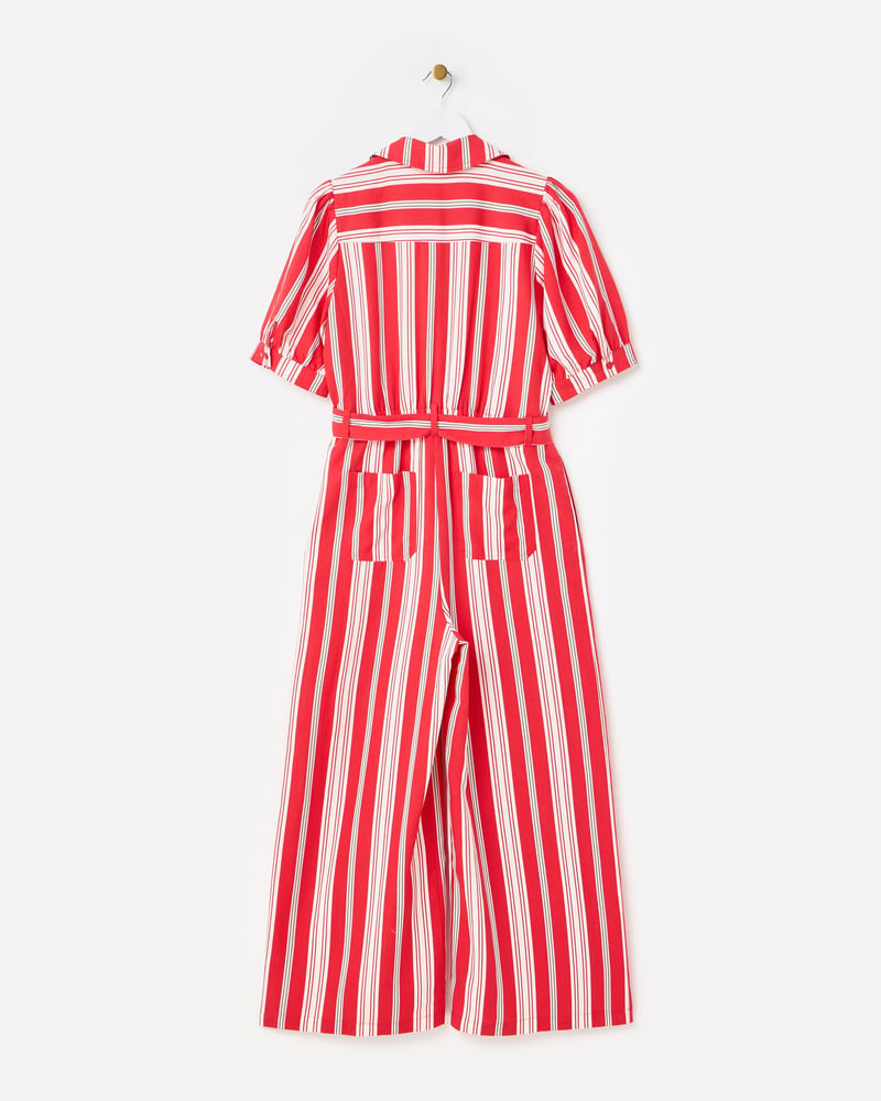 Red & Green Striped Short Sleeve Tie Waist Jumpsuit