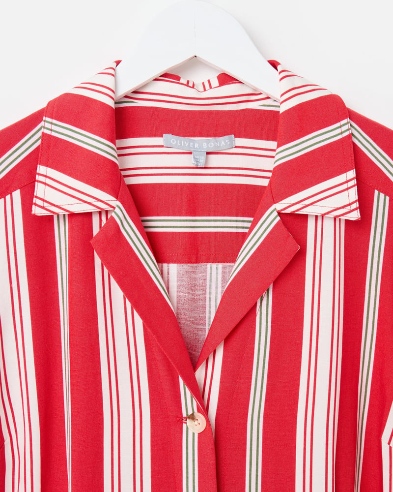 Red & Green Striped Short Sleeve Tie Waist Jumpsuit