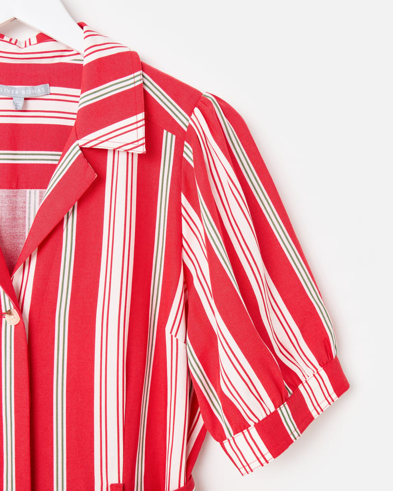 Red & Green Striped Short Sleeve Tie Waist Jumpsuit