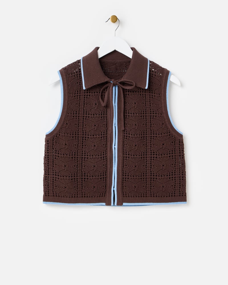 Chocolate Brown Tie Front Crochet Waistcoat