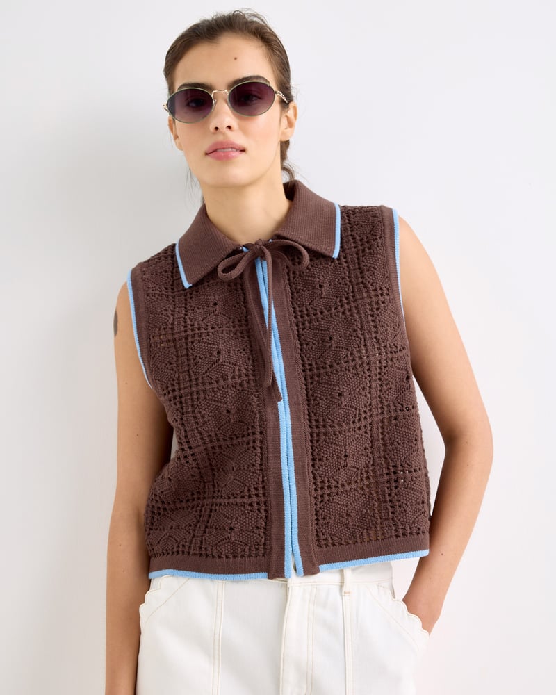Chocolate Brown Tie Front Crochet Waistcoat