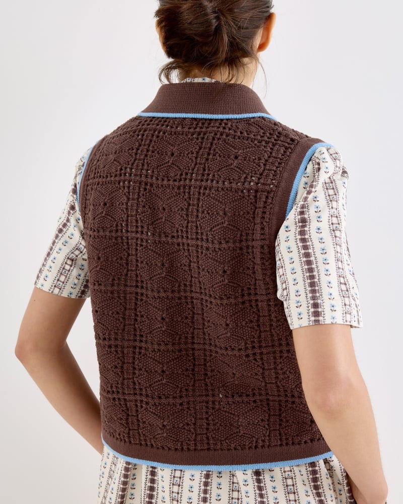 Chocolate Brown Tie Front Crochet Waistcoat