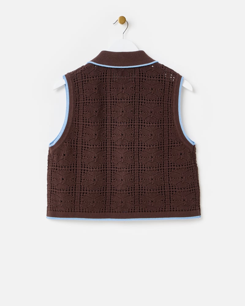 Chocolate Brown Tie Front Crochet Waistcoat