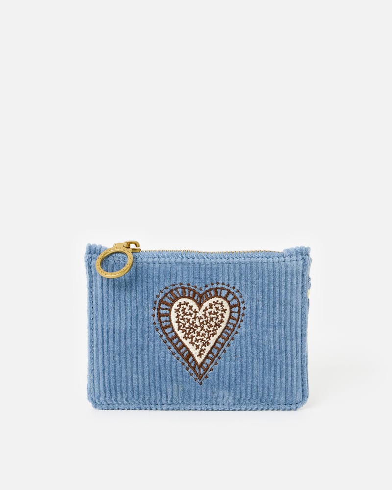 Blue Corduroy Heart Embroidered Zipped Card Holder