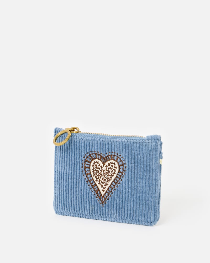 Blue Corduroy Heart Embroidered Zipped Card Holder