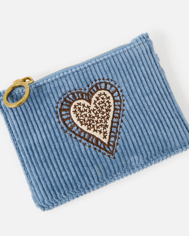 Blue Corduroy Heart Embroidered Zipped Card Holder