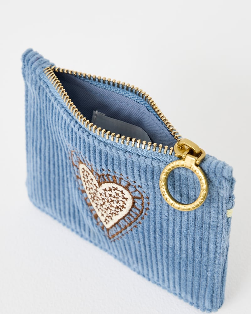 Blue Corduroy Heart Embroidered Zipped Card Holder