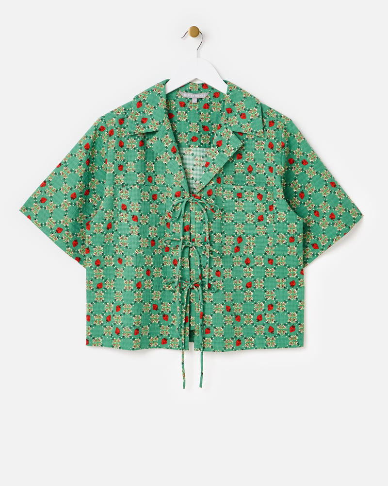 Green Strawberry V-Neck Tie Front Blouse