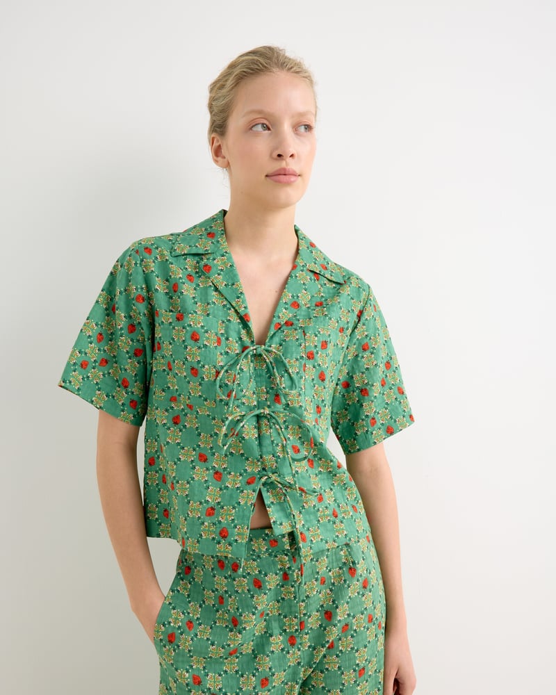 Green Strawberry V-Neck Tie Front Blouse