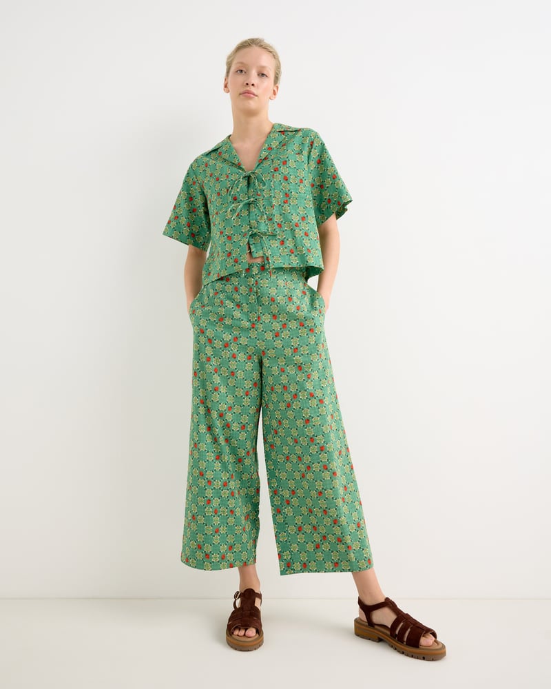 Green Strawberry V-Neck Tie Front Blouse
