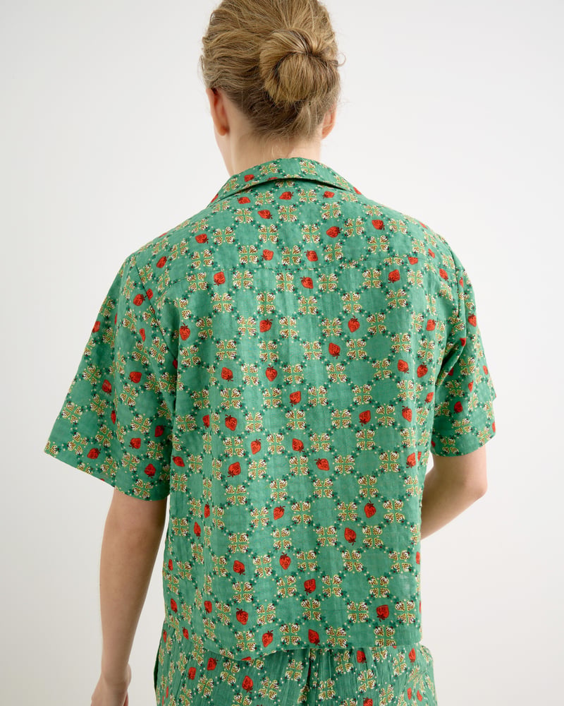 Green Strawberry V-Neck Tie Front Blouse