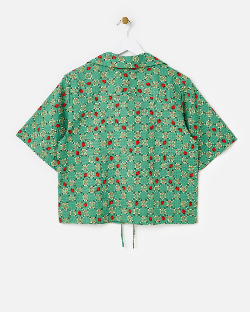Green Strawberry V-Neck Tie Front Blouse