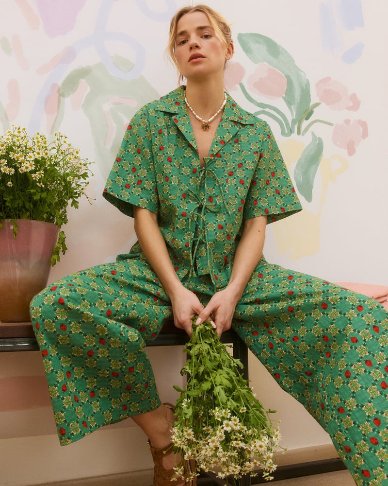 Green Strawberry V-Neck Tie Front Blouse