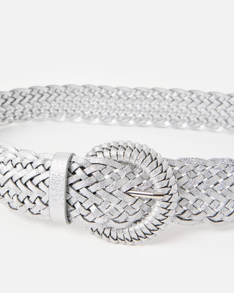 Silver Metallic Braided Weave Jeans Belt
