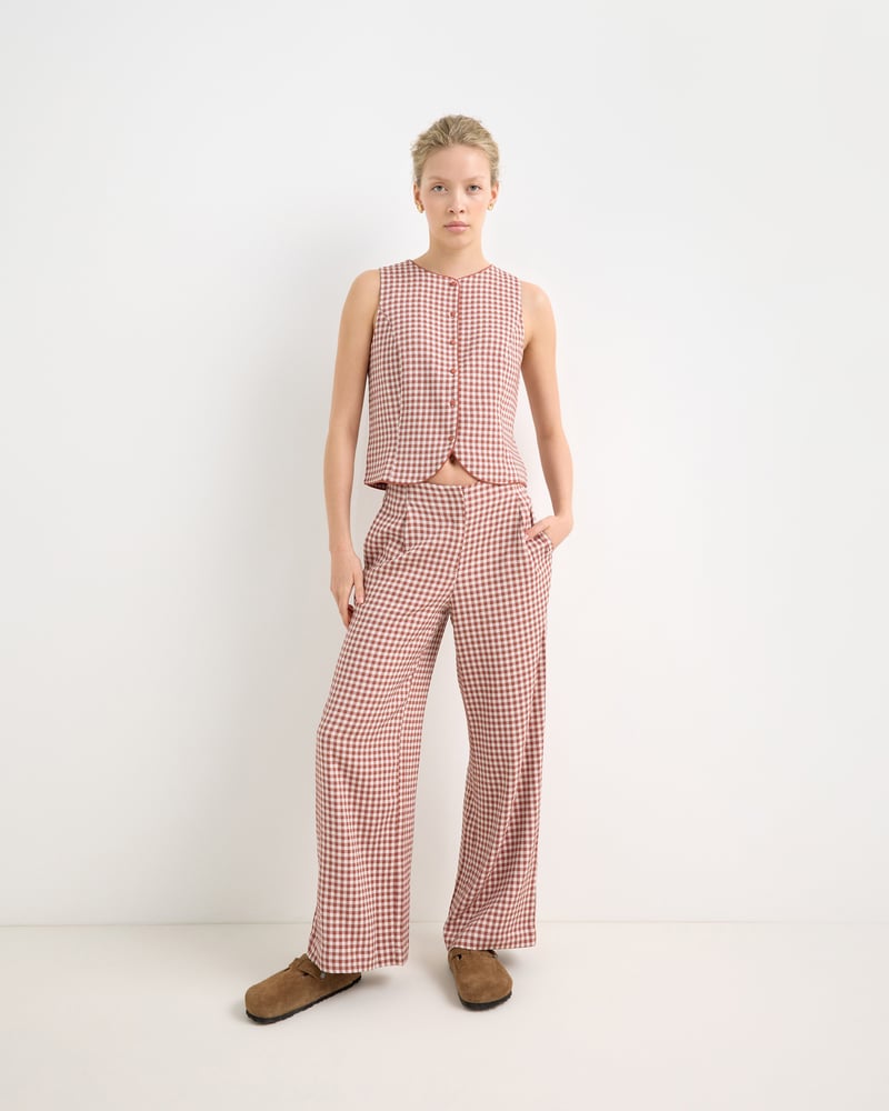 Brown Gingham Wide Leg Trousers