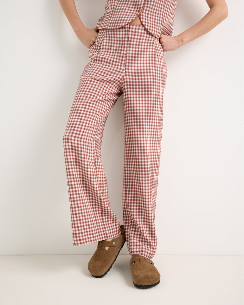 Brown Gingham Wide Leg Trousers
