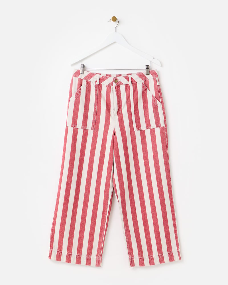 Red & Ecru Striped Cropped Wide Leg Jeans