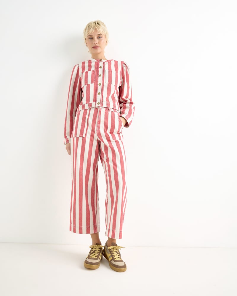 Red & Ecru Striped Cropped Wide Leg Jeans