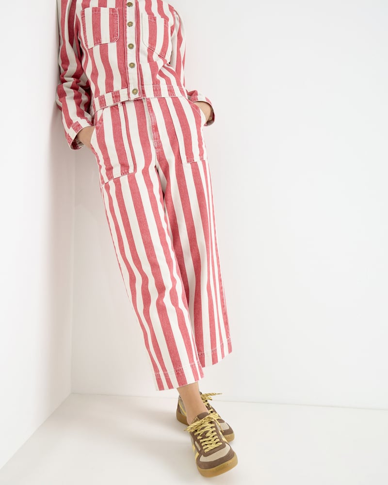 Red & Ecru Striped Cropped Wide Leg Jeans