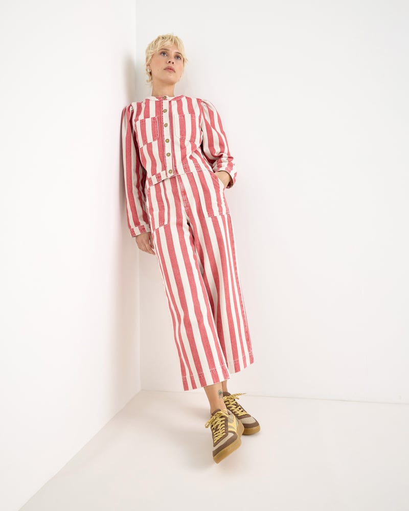 Red & Ecru Striped Cropped Wide Leg Jeans