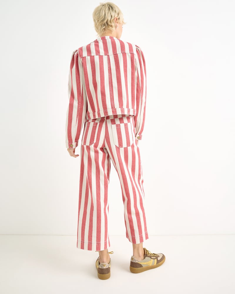 Red & Ecru Striped Cropped Wide Leg Jeans