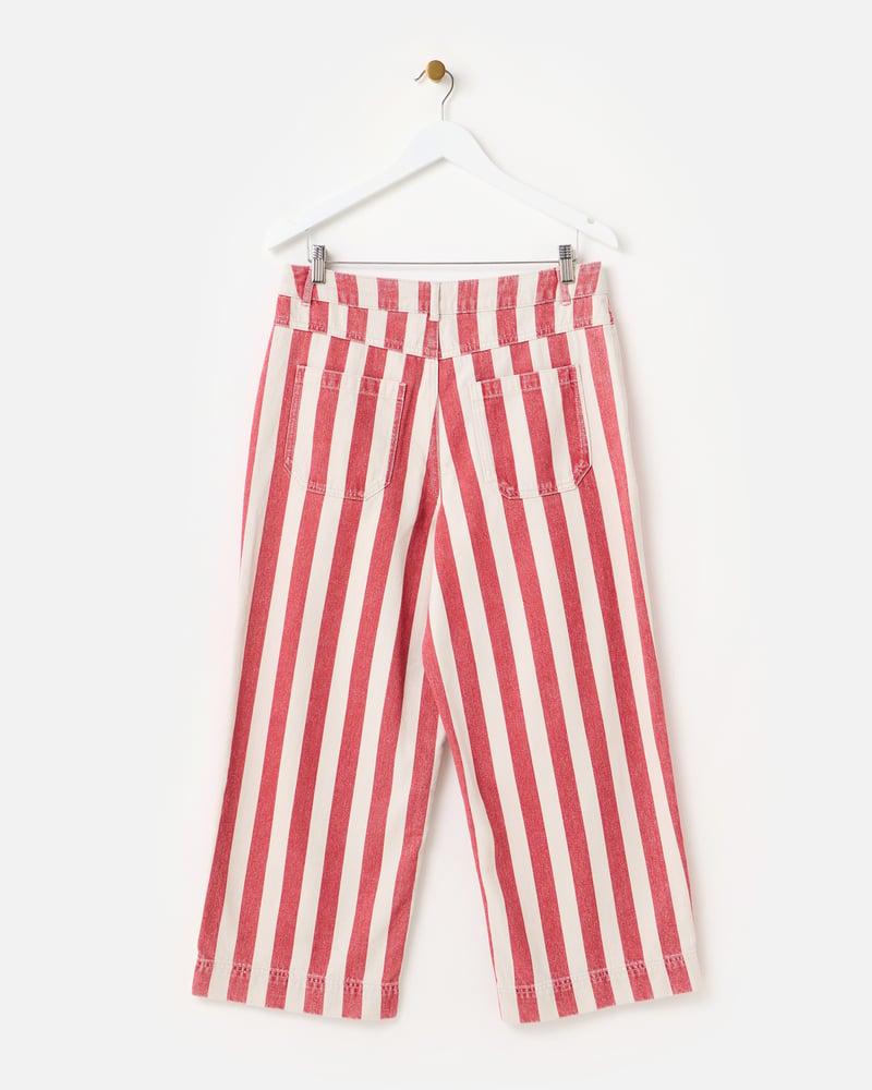 Red & Ecru Striped Cropped Wide Leg Jeans