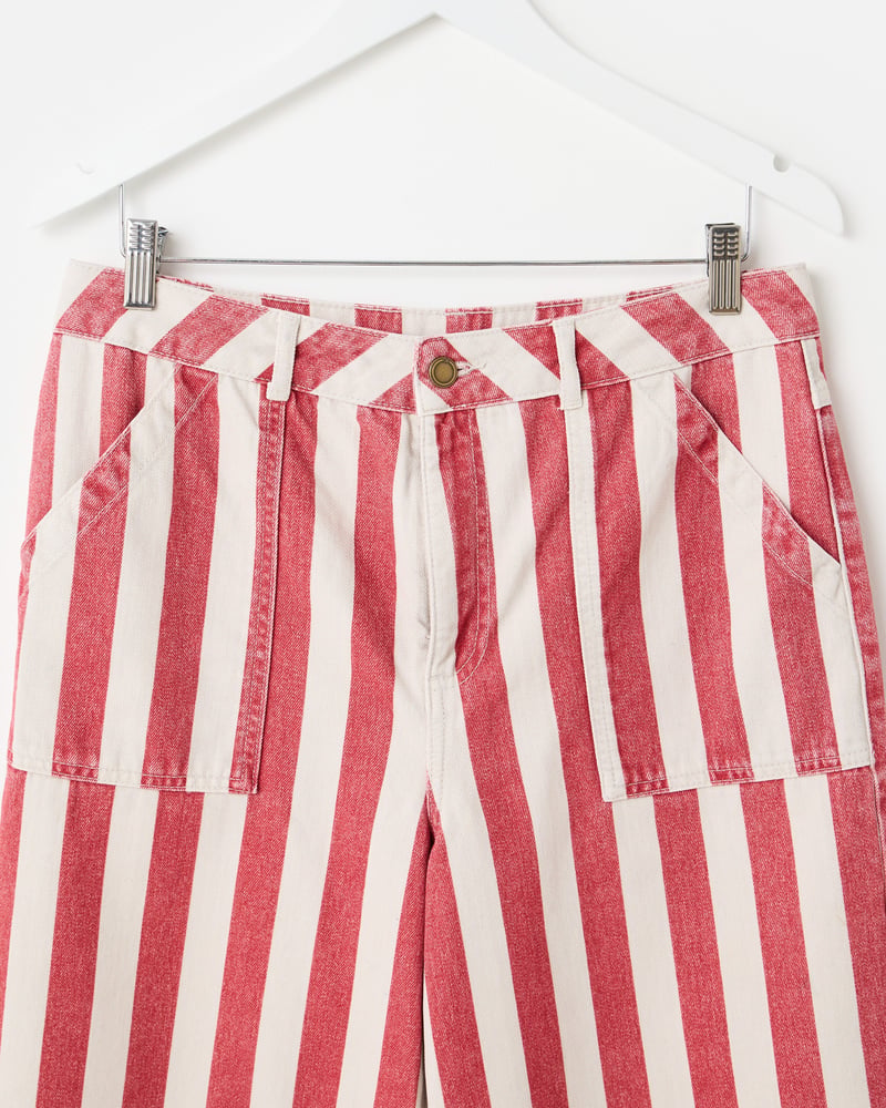 Red & Ecru Striped Cropped Wide Leg Jeans