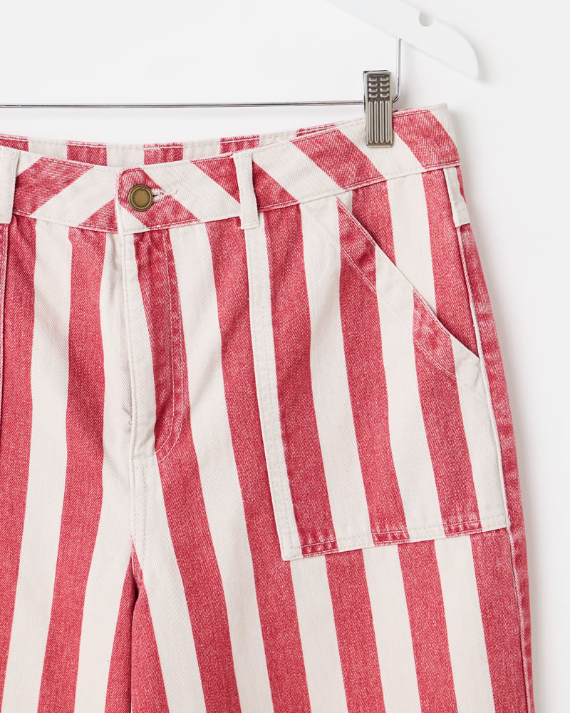 Red & Ecru Striped Cropped Wide Leg Jeans