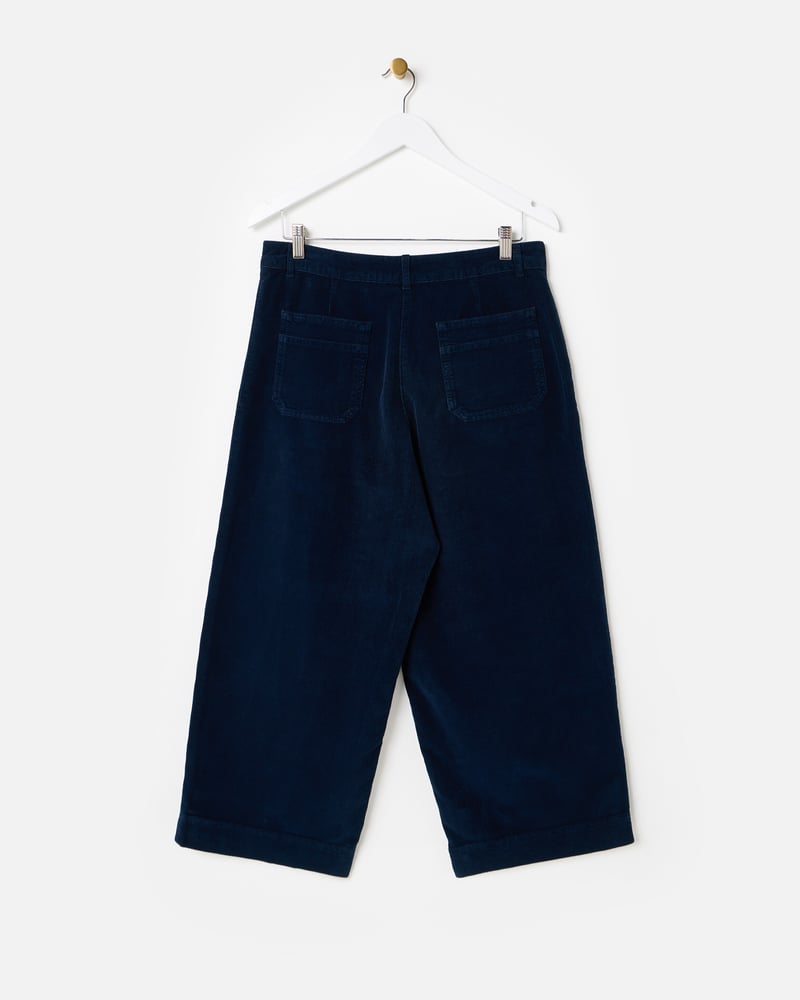 Navy Blue Corduroy Cropped Wide Leg Trousers