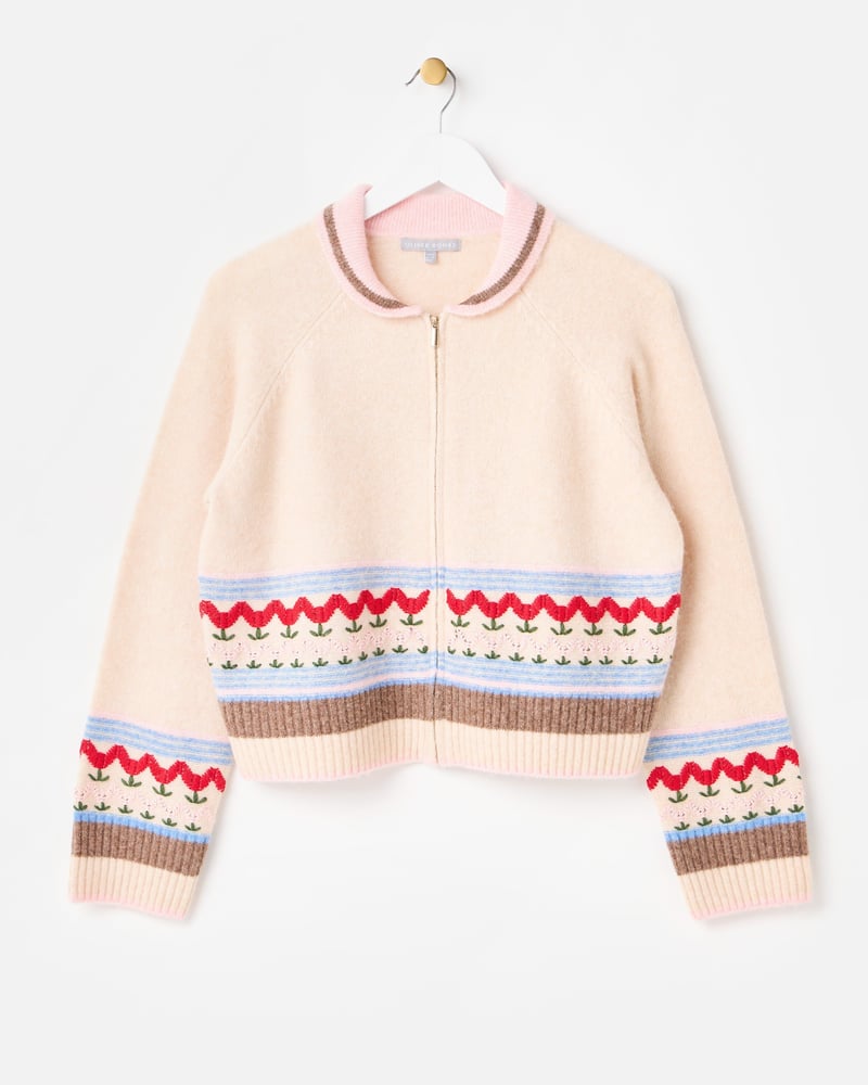 Cream Tulip Zip Up Collared Knitted Cardigan