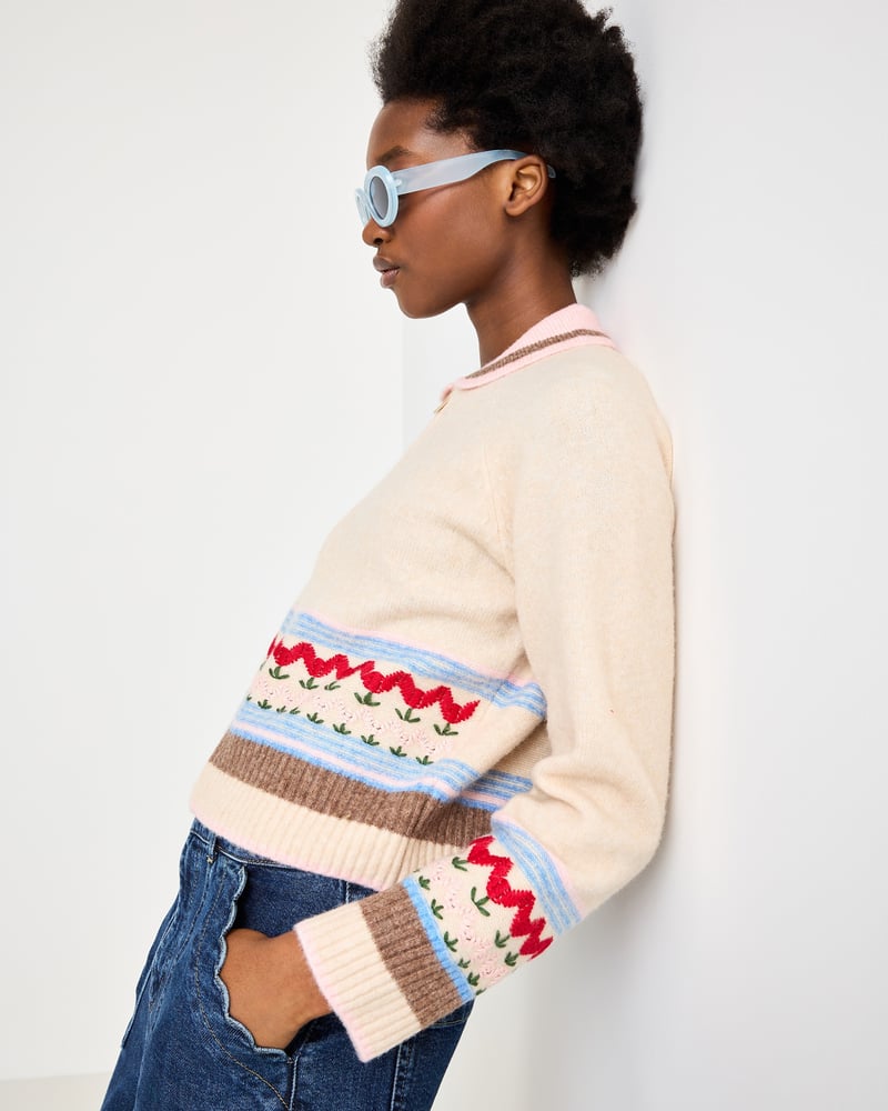 Cream Tulip Zip Up Collared Knitted Cardigan