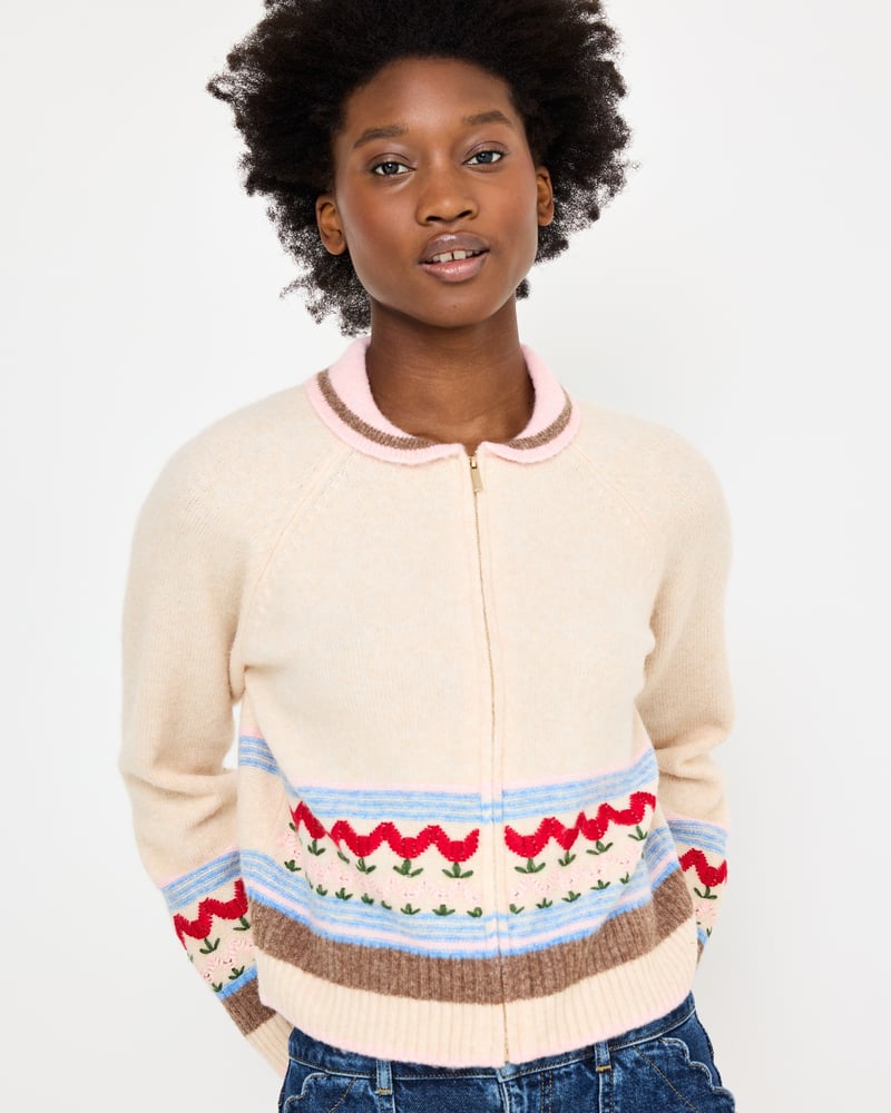 Cream Tulip Zip Up Collared Knitted Cardigan