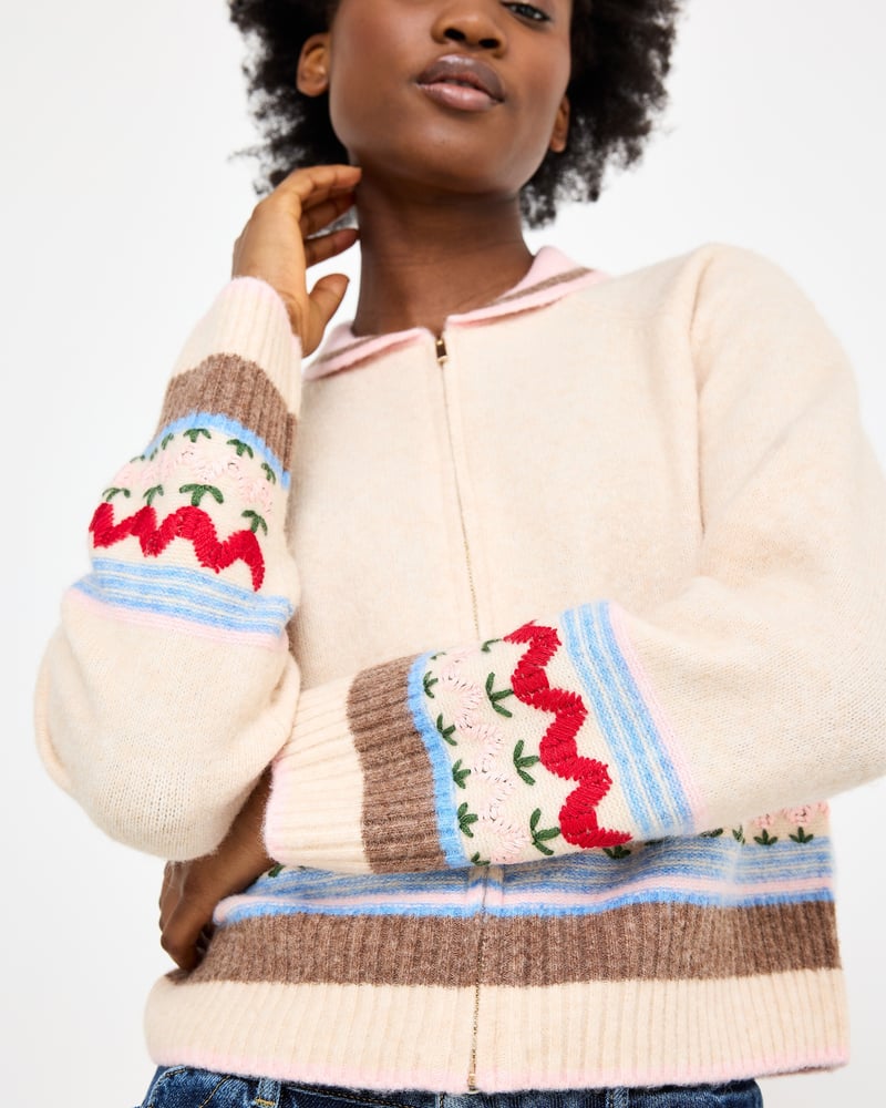 Cream Tulip Zip Up Collared Knitted Cardigan