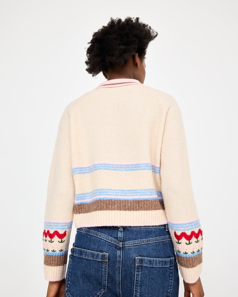 Cream Tulip Zip Up Collared Knitted Cardigan