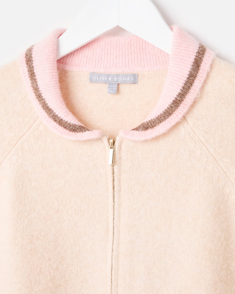 Cream Tulip Zip Up Collared Knitted Cardigan