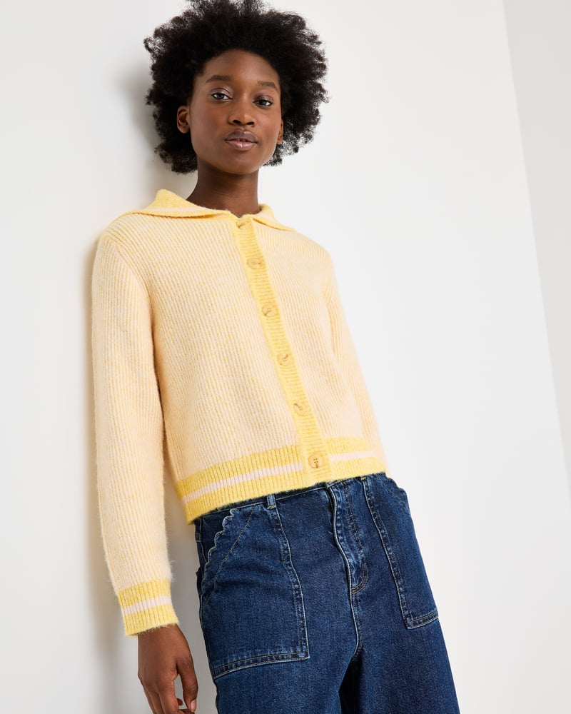 Yellow Button Up Sailor Collar Knitted Cardigan