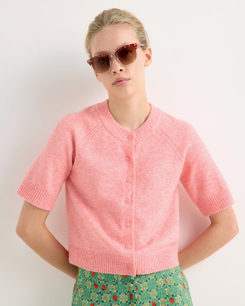 Pink Button Up Short Sleeve Knitted Cardigan