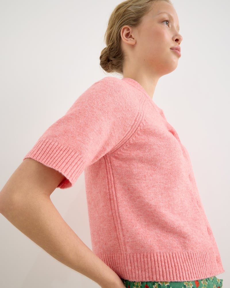 Pink Button Up Short Sleeve Knitted Cardigan