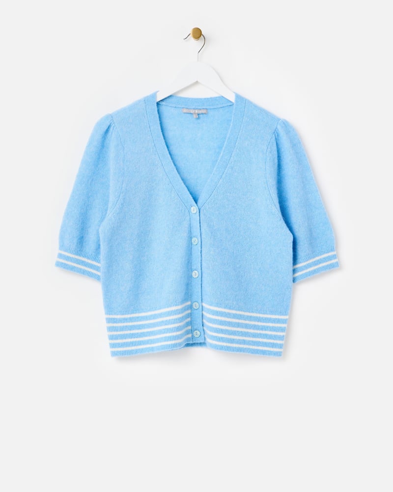 Blue & White Striped V-Neck Short Sleeve Knitted Cardigan