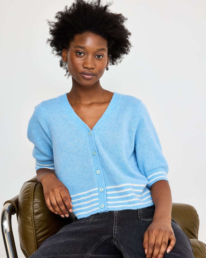 Blue & White Striped V-Neck Short Sleeve Knitted Cardigan