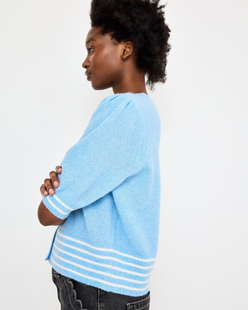 Blue & White Striped V-Neck Short Sleeve Knitted Cardigan