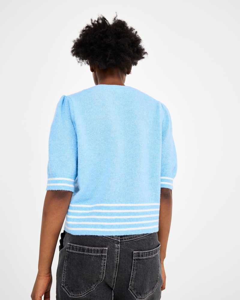 Blue & White Striped V-Neck Short Sleeve Knitted Cardigan